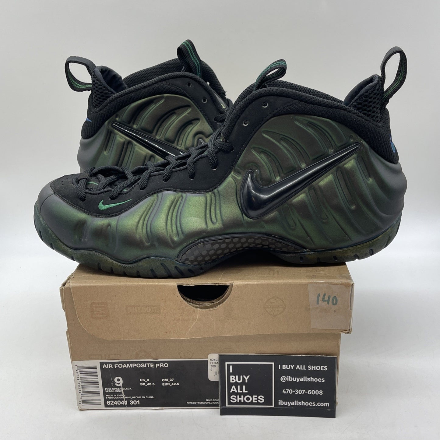 Size 9 - Nike Air Foamposite Pro Pine Green Black Suede Leather (624041-301)
