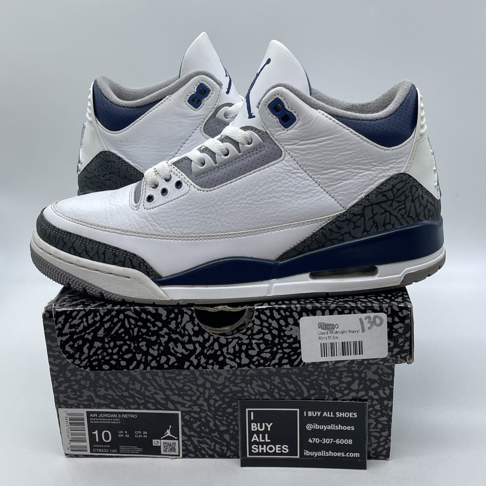 Size 10 - Air Jordan 3 Retro Midnight Navy White Suede Leather (CT8532-140)