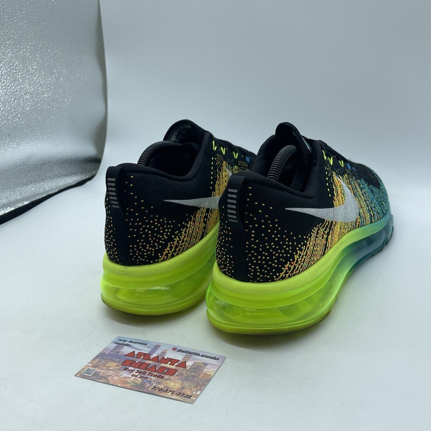 Size 11 - Nike Flyknit Max Black Blue Neon Yellow White Suede (620469-001)