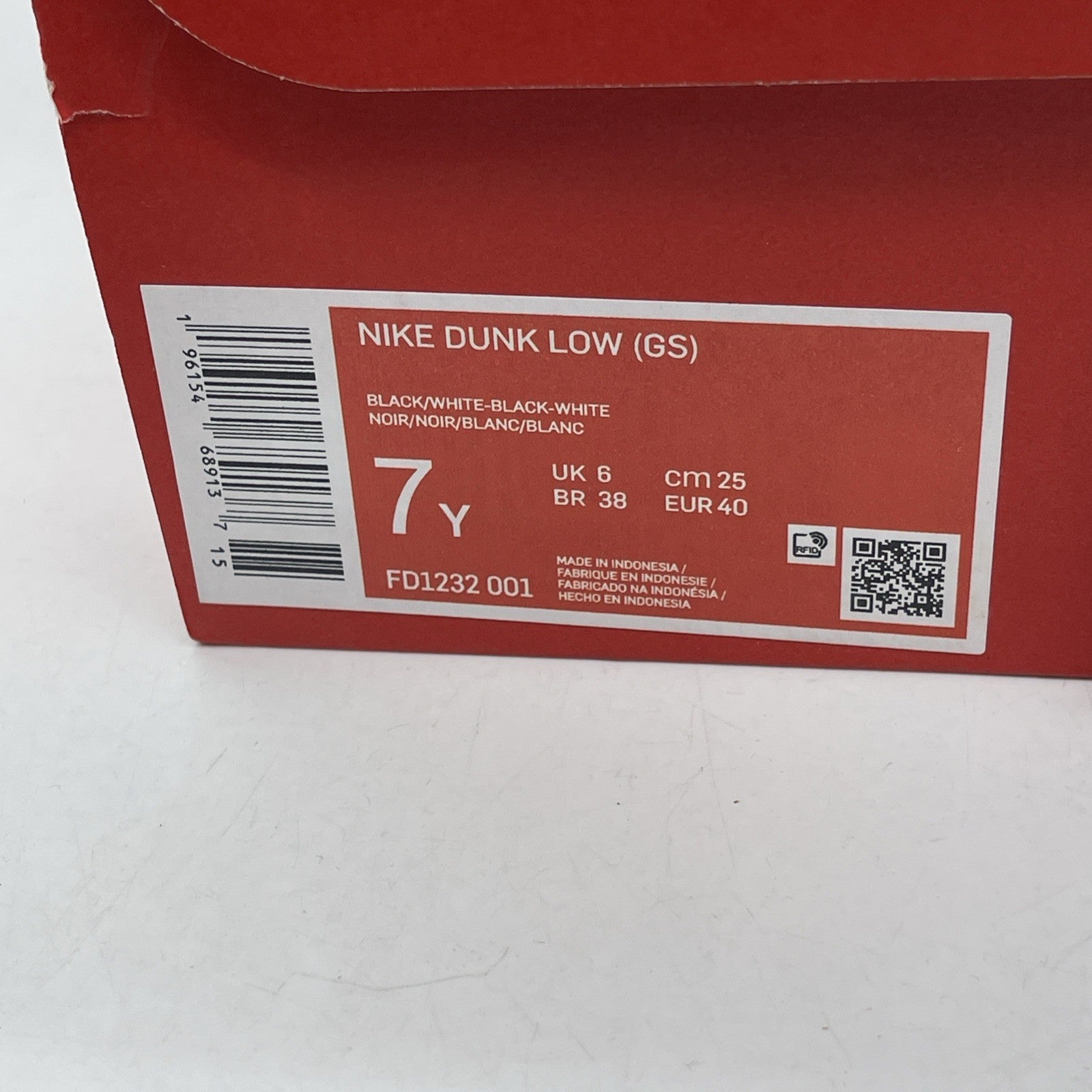 Size 7Y - Nike Dunk Low Black Panda 2.0 White Leather (FD1232-001)