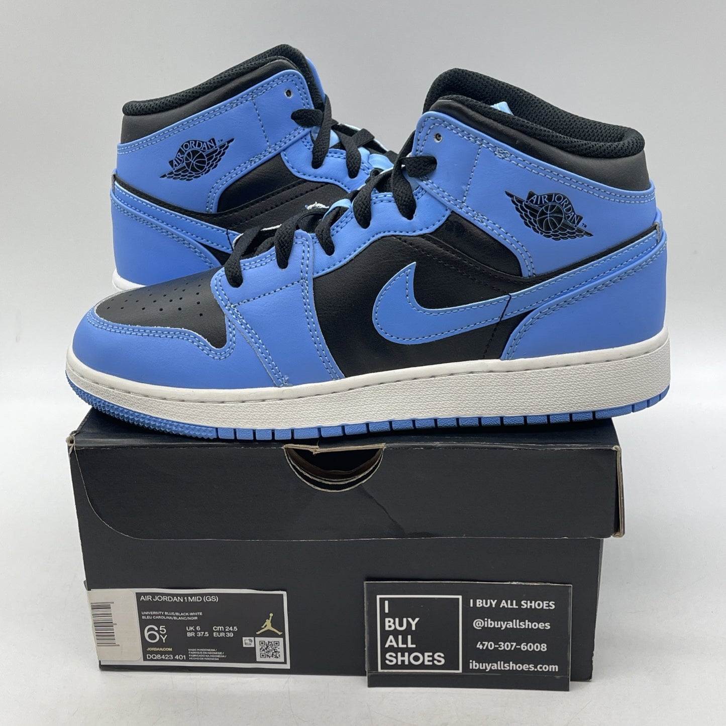 Size 6.5Y (GS) - Air Jordan 1 Mid University Blue Black Leather (DQ8423-401)