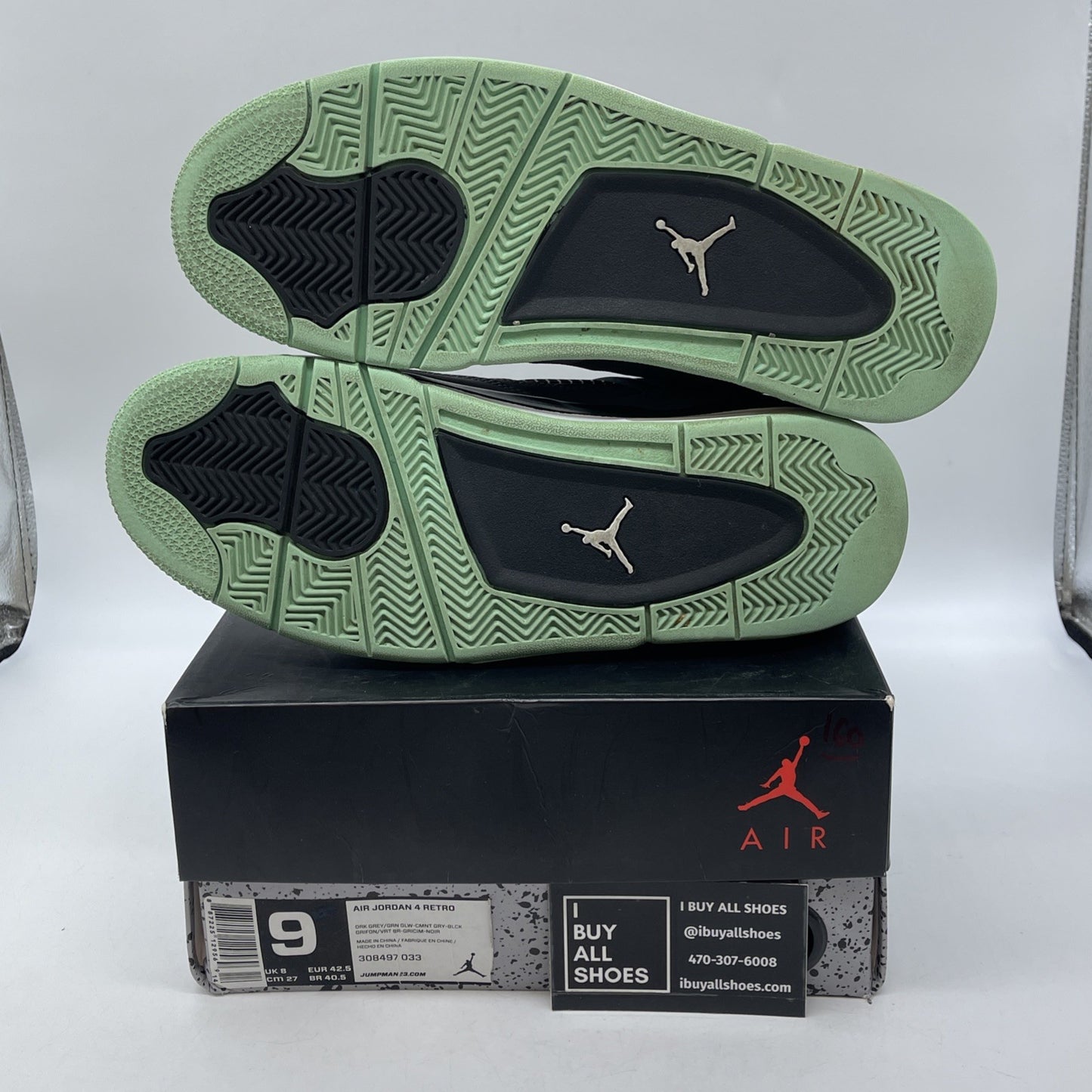 Size 9 - Jordan 4 Retro Green Glow Grey White Black Suede (308497-033)
