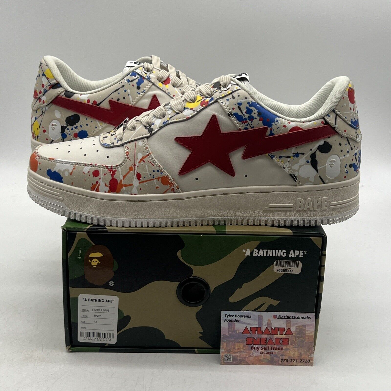 Size 13 - A Bathing Ape Bapesta Low Paint Splatter - Ivory (1120119009)