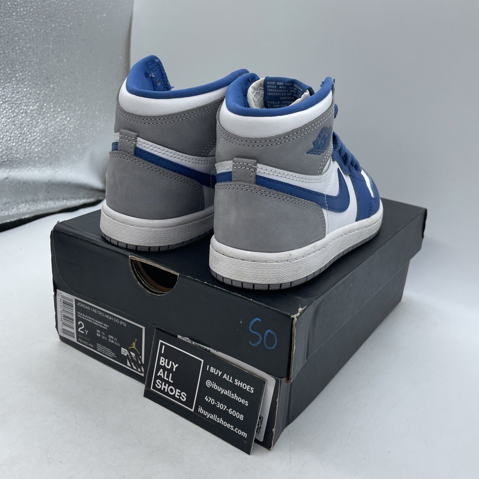 Size 2Y - Air Jordan 1 Retro OG High True Blue (FD1412-410)