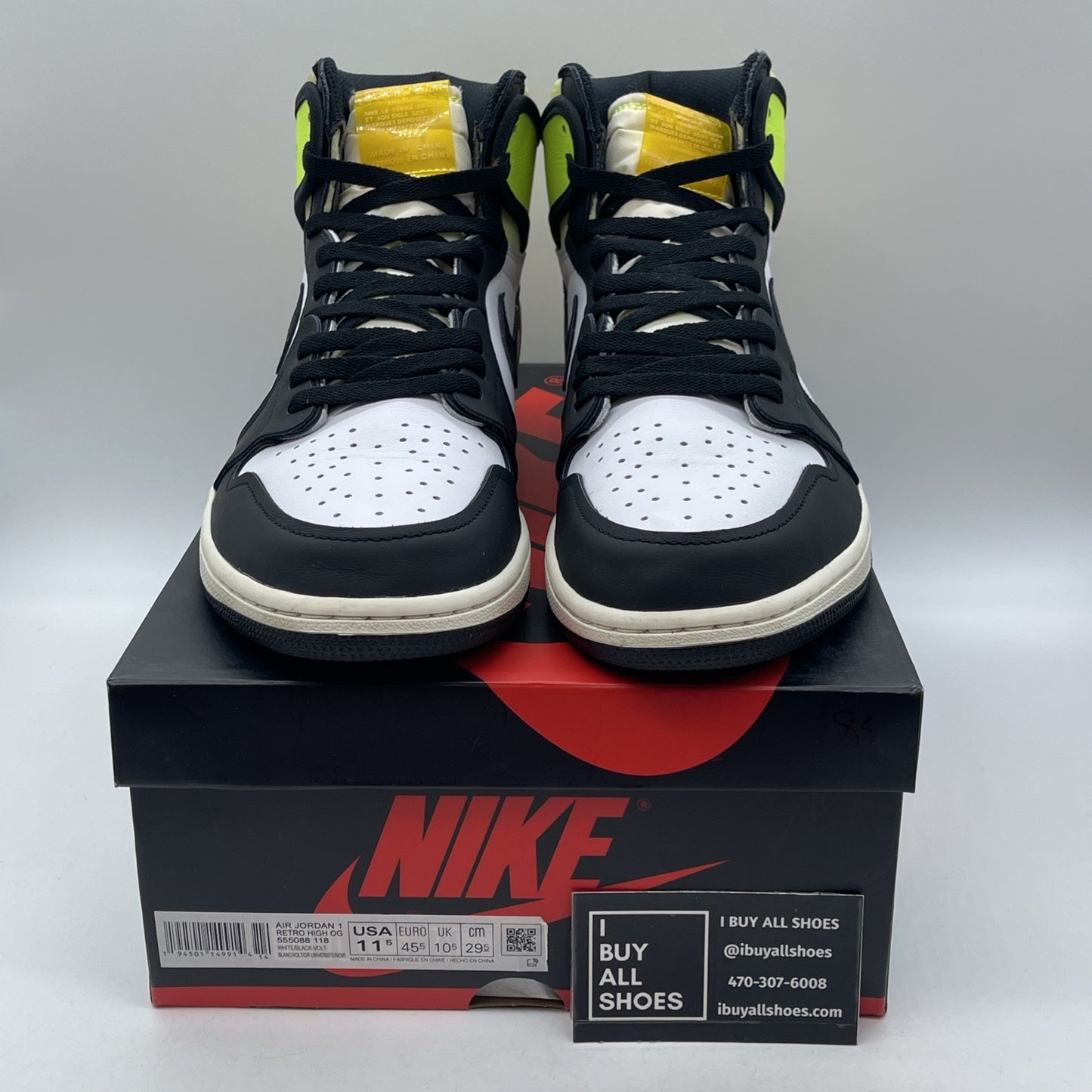 Size 11.5 - Jordan 1 Retro High OG Volt Black White Leather (555088-118)