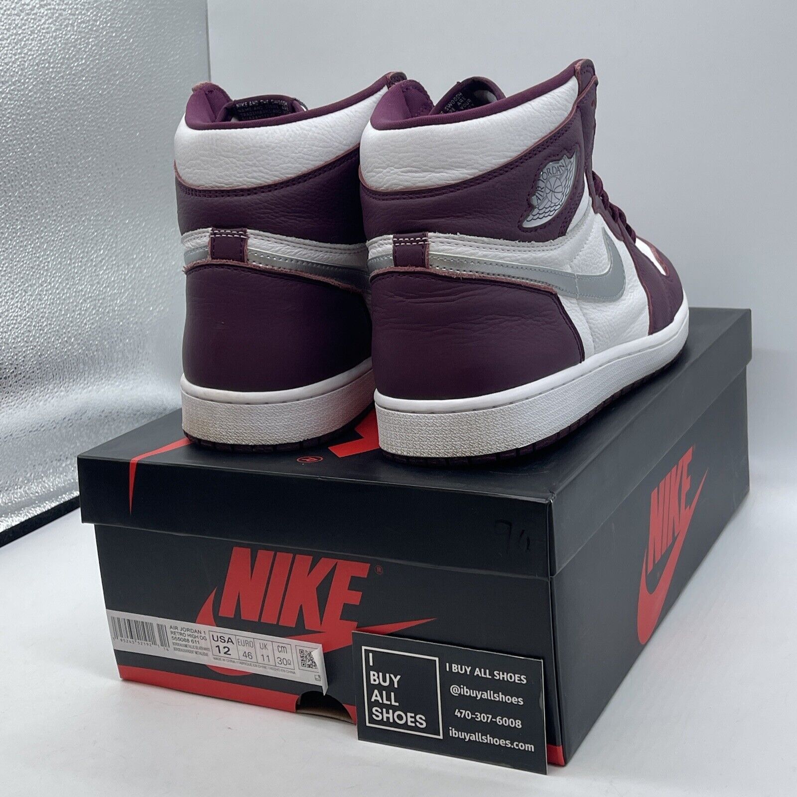 Size 12 - Jordan 1 Retro High OG Bordeaux Burgundy White Leather (555088-611)