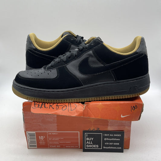 Size 10.5 - Nike Air Force 1 Black Gold Suede Leather (313642-003)