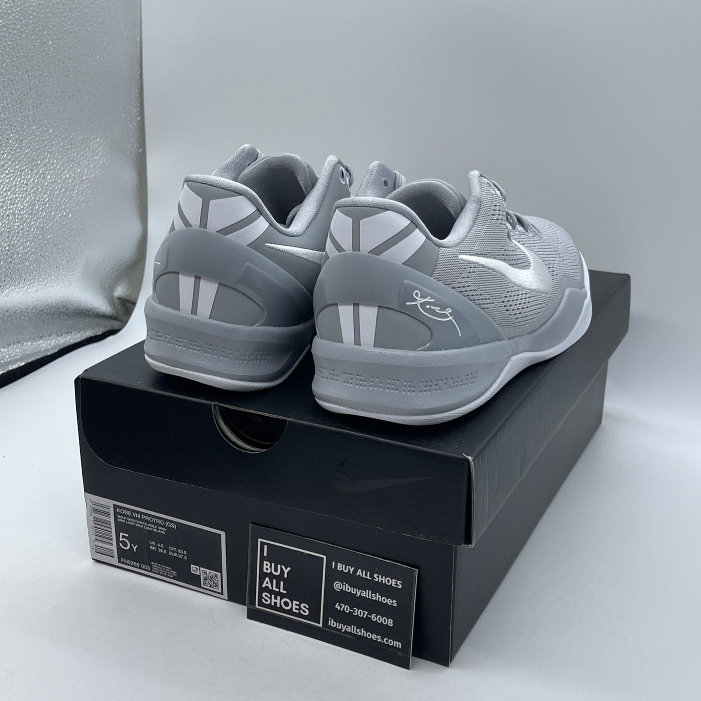 Size 5Y (GS) - Nike Kobe 8 Protro Low White Metallic Gold Silver (FN0266-003)