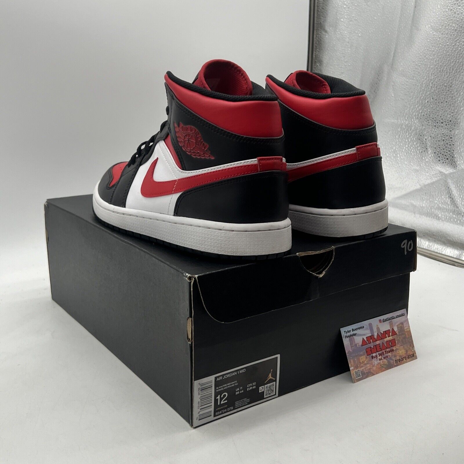 Size 12 - Jordan 1 Mid Bred Toe Black White Red Leather (554724-079)