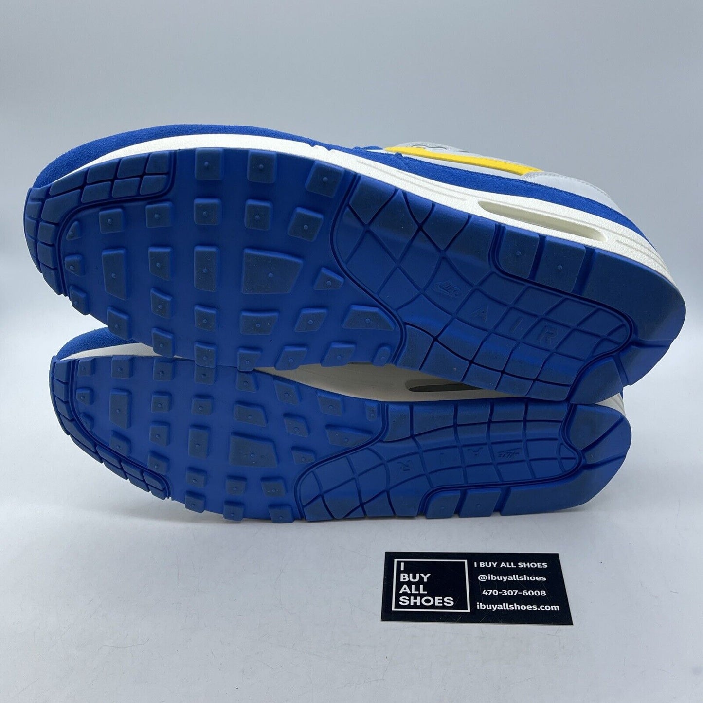 Size 11.5 - Nike Air Max 1 Signal Blue White Suede Yellow Grey (AH8145-108)