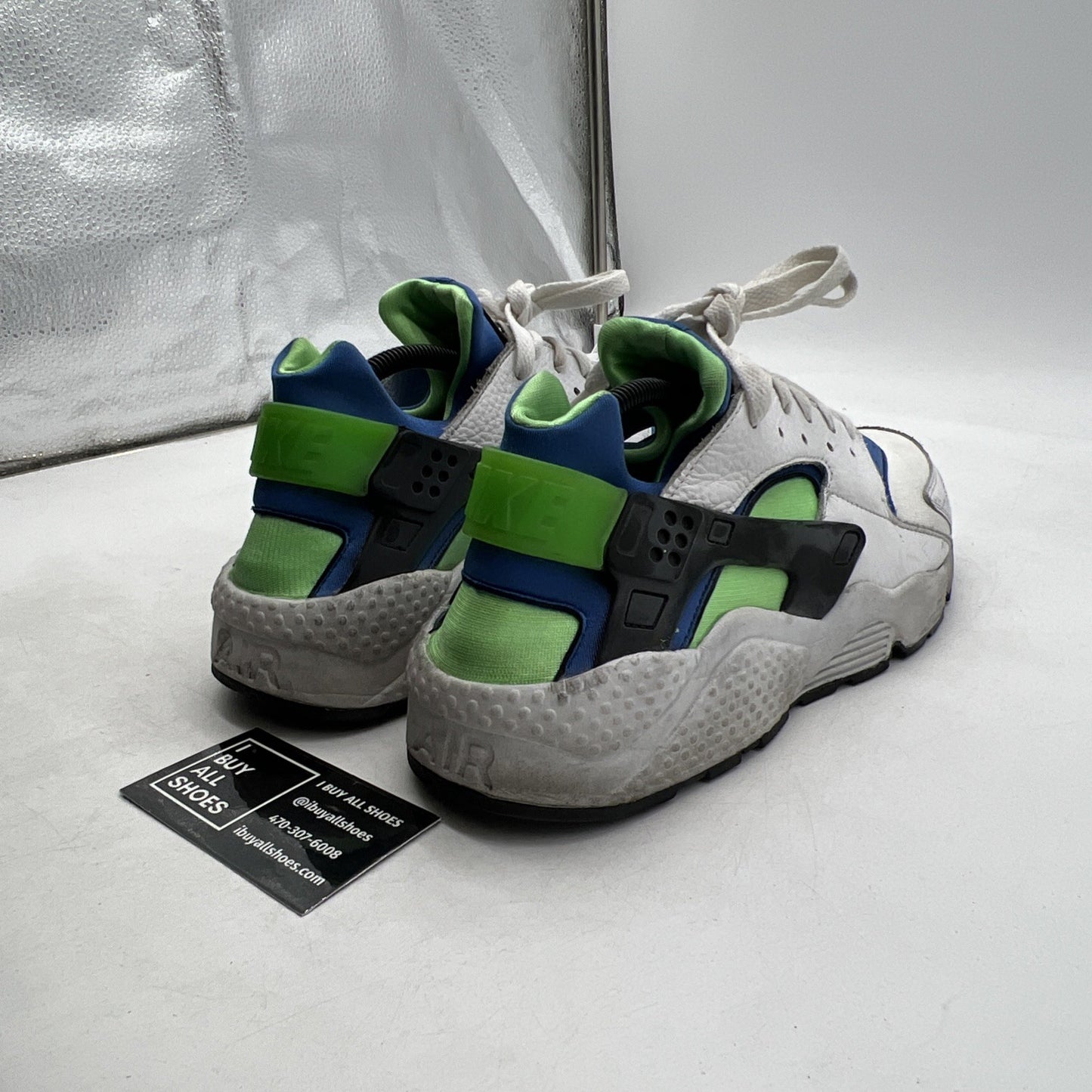 Size 11.5 - Nike Air Huarache Scream Green Blue White Suede Leather (318429-100)