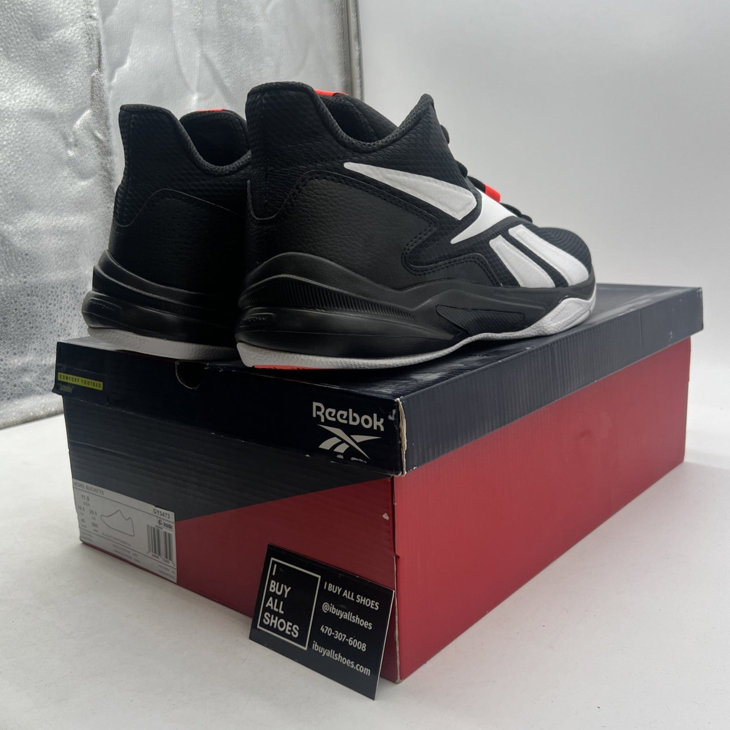 Size 11.5 - Reebok More Buckets Black White Orange Flare (GY5473)
