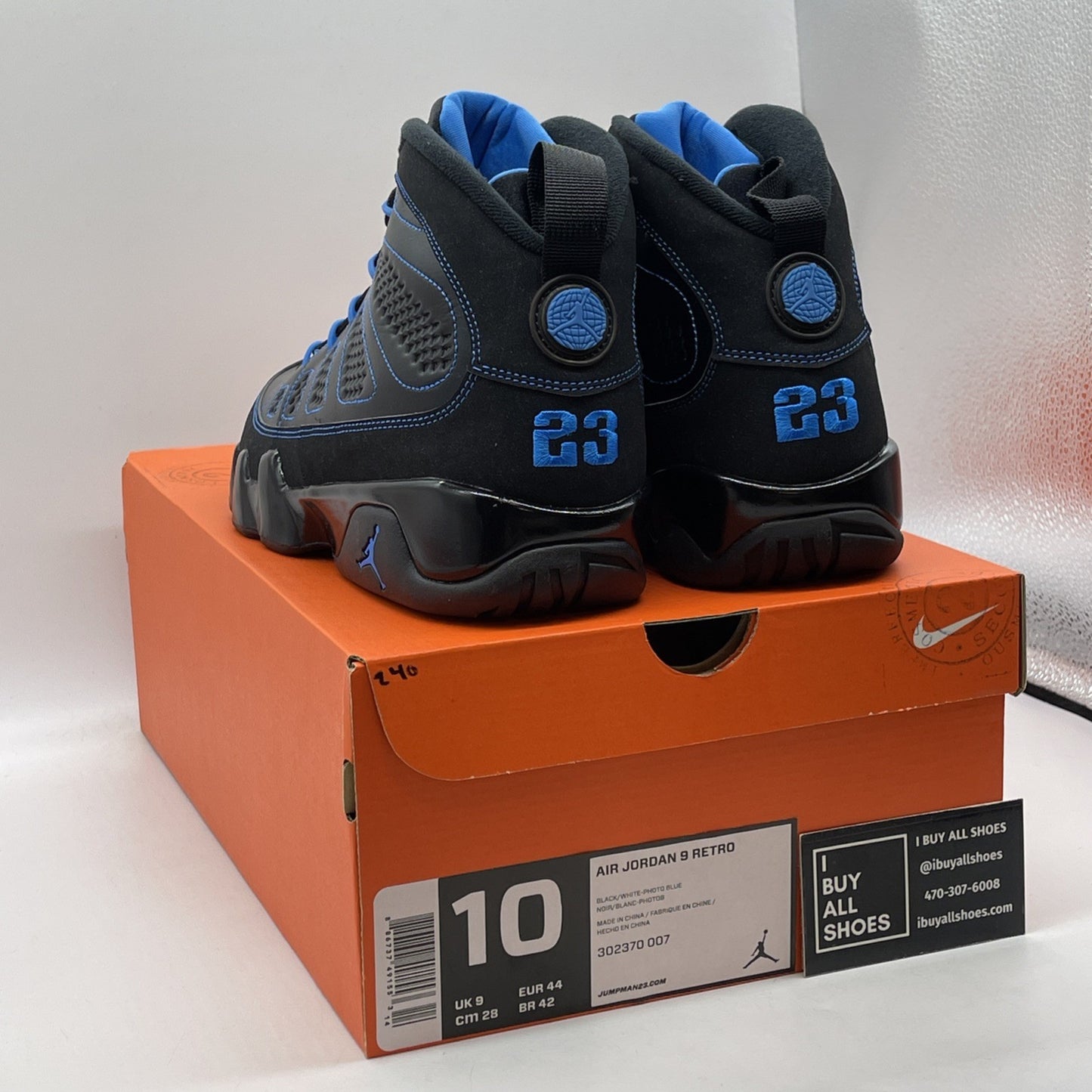 Size 10 - Air Jordan 9 Retro Photo Blue Black Leather (302370-007)