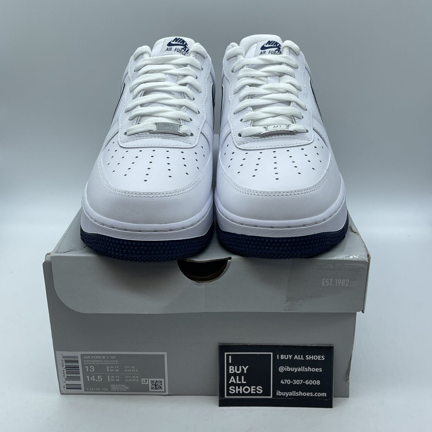 Size 13 -Nike Air Force 1 '07 Low White Midnight Navy Leather (FJ4146-104)