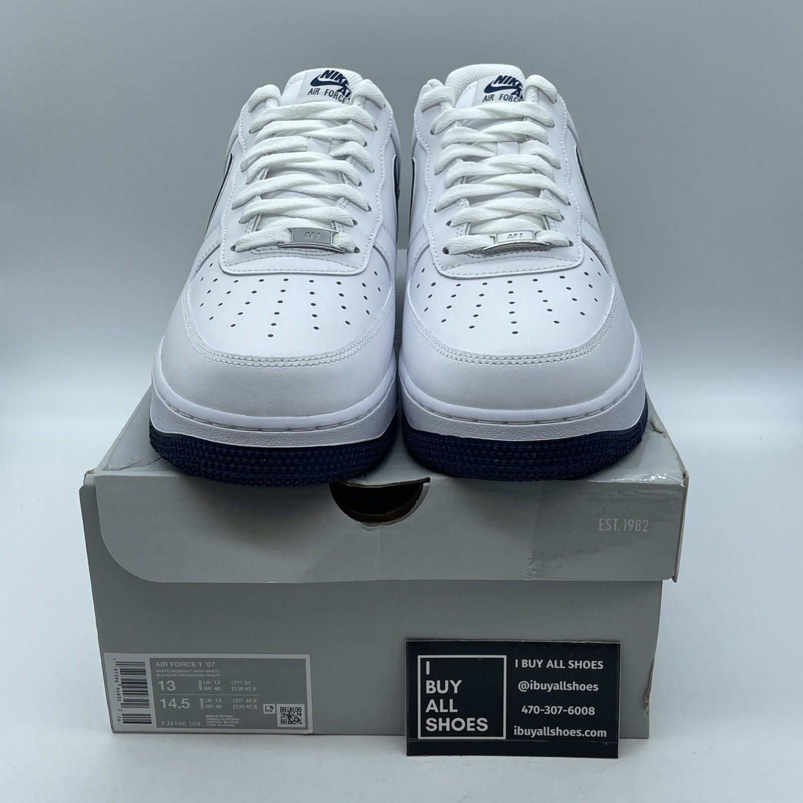 Size 13 -Nike Air Force 1 '07 Low White Midnight Navy Leather (FJ4146-104)