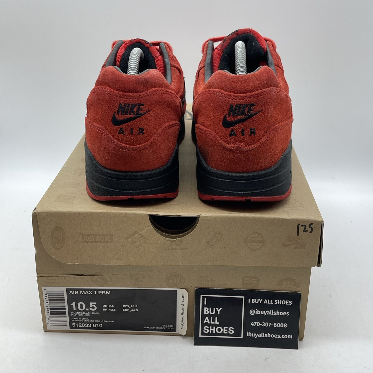 Size 10.5 - Nike Air Max 1 Prm Pimento Black Red Suede (512033-610)