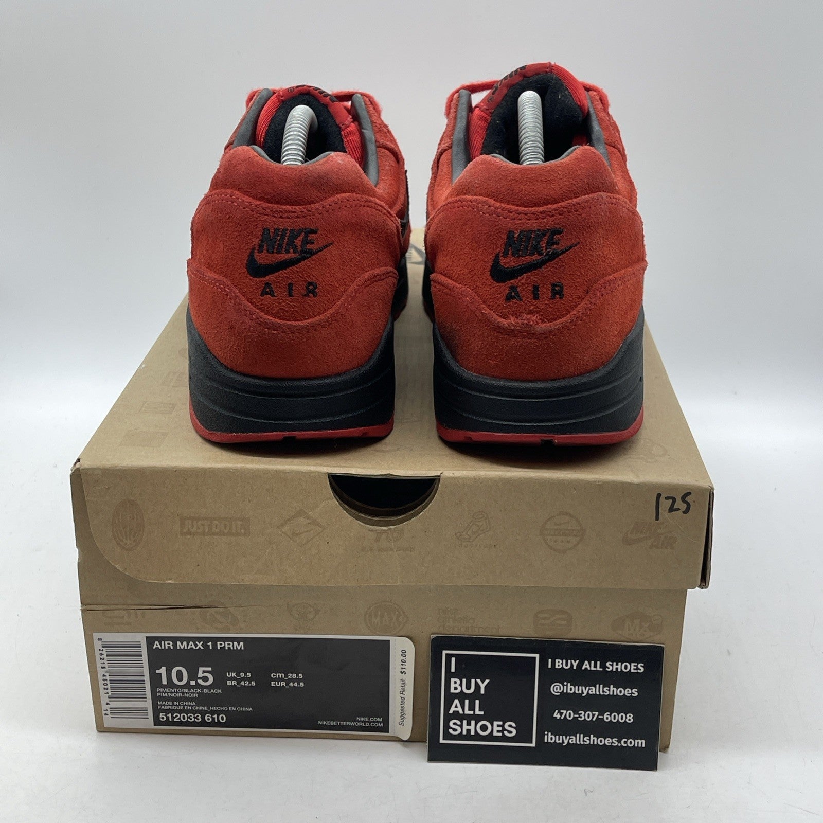 Size 10.5 - Nike Air Max 1 Prm Pimento Black Red Suede (512033-610)