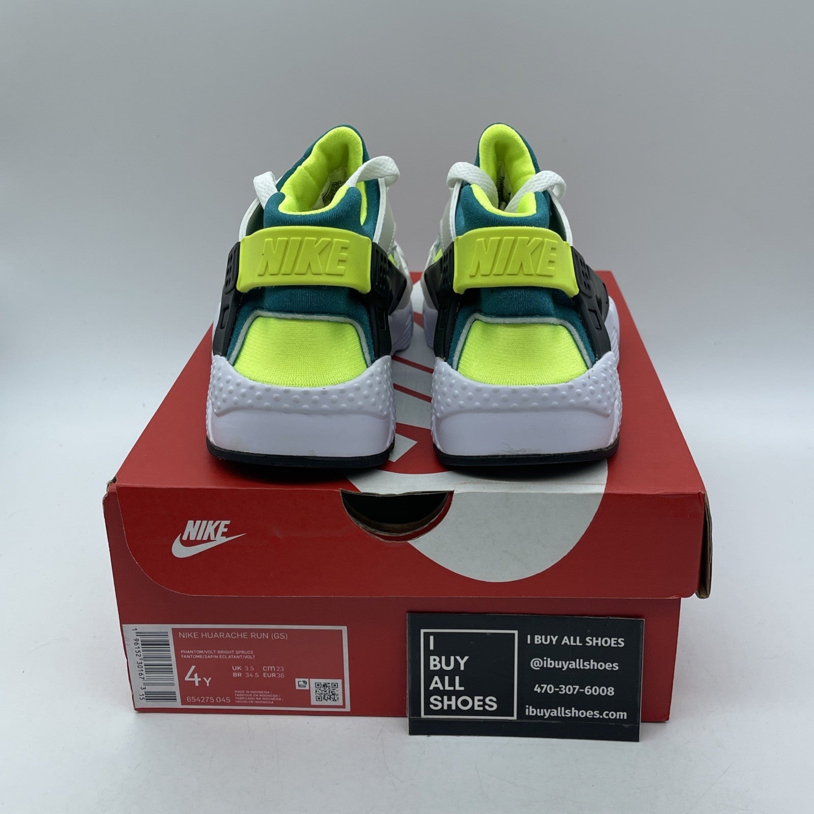 Size 4Y (GS) - Nike Huarache Run Low Bright Spruce Volt Suede (654275-045)