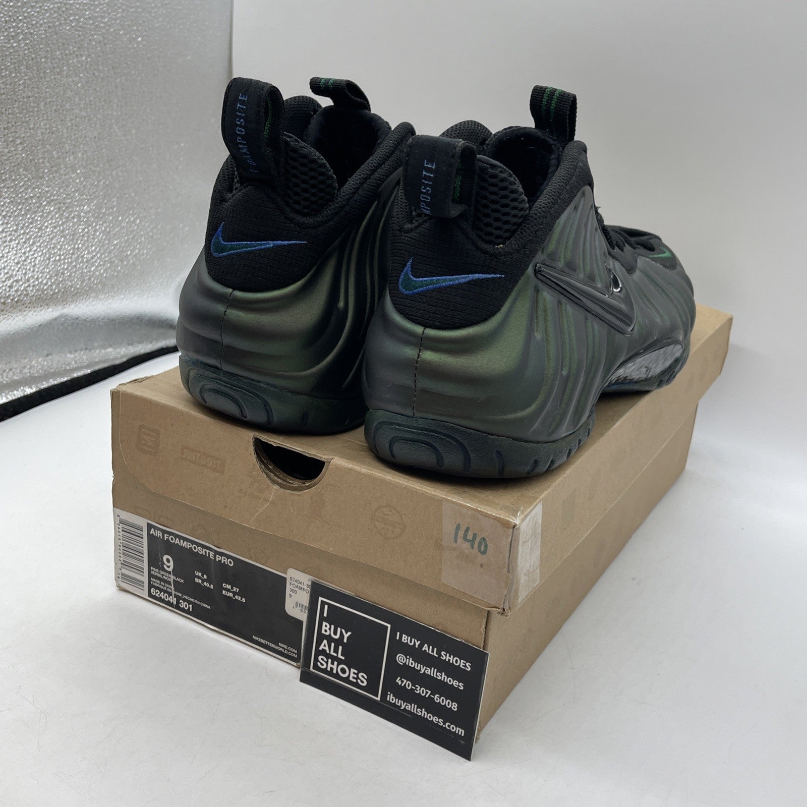 Size 9 - Nike Air Foamposite Pro Pine Green Black Suede Leather (624041-301)