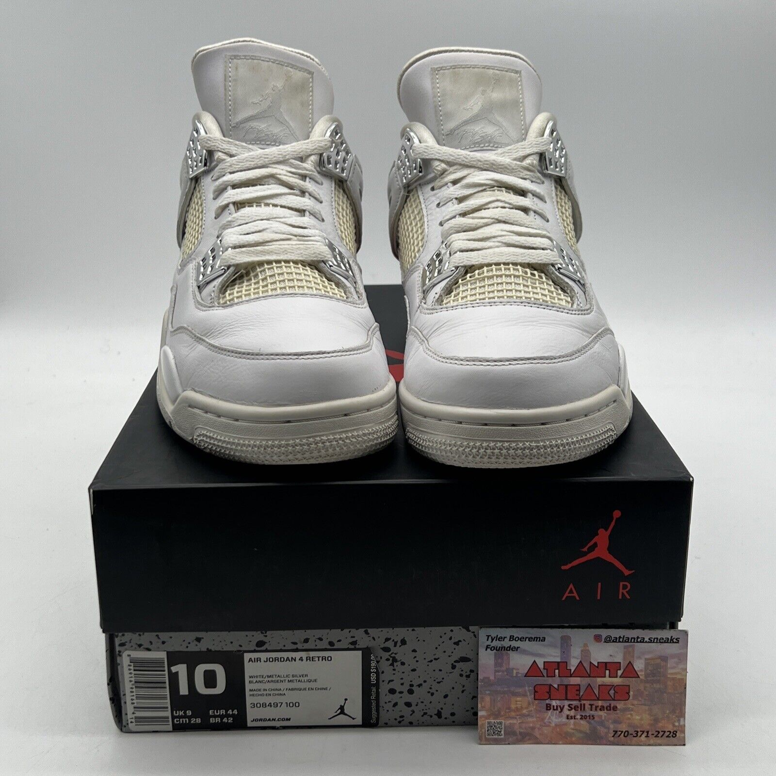 Size 10 - Jordan 4 Retro Mid Pure Money White Leather Silver (308497-100)