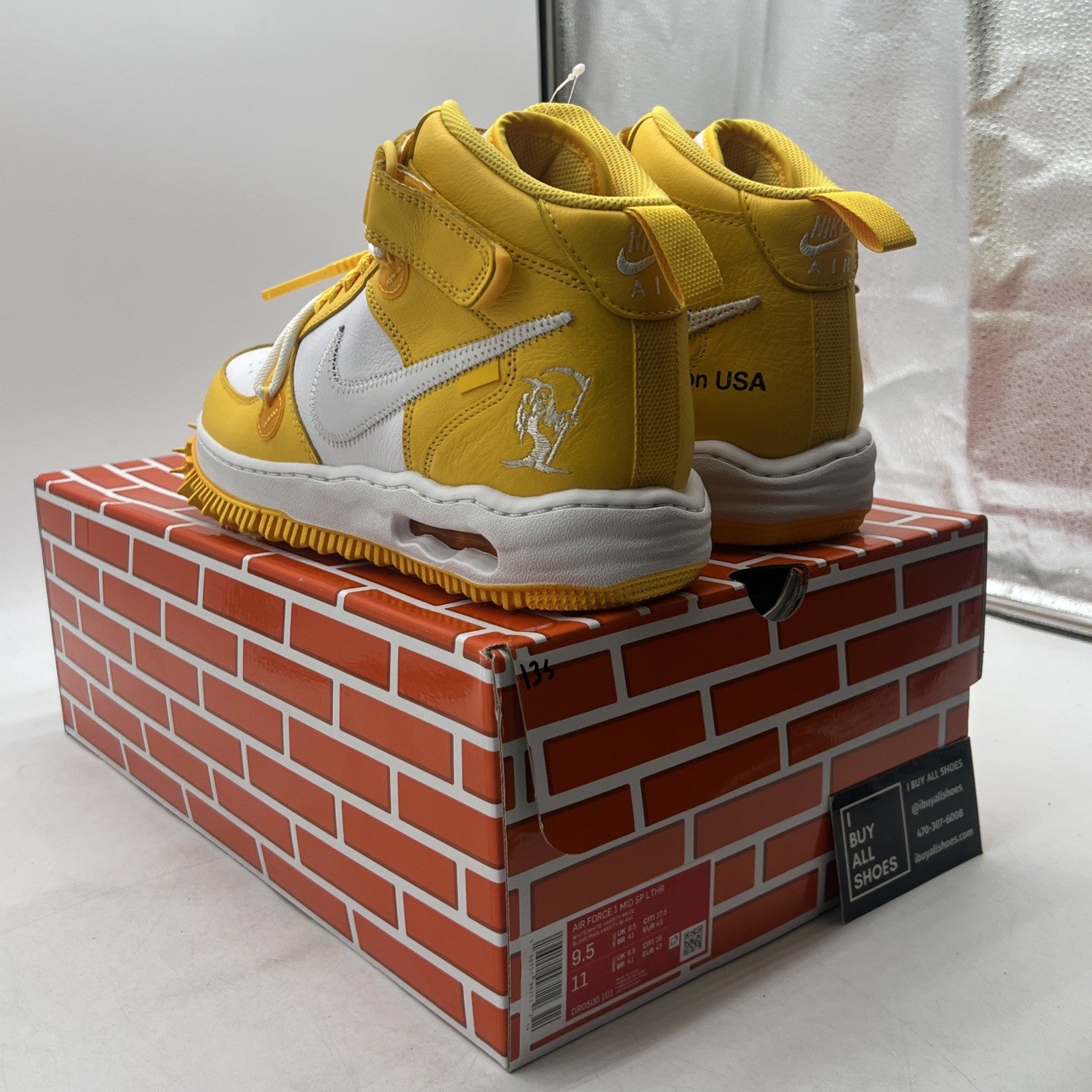Size 9.5 -Nike Off-White x Air Force 1 SP Leather Mid Varsity Maize (DR0500-101)