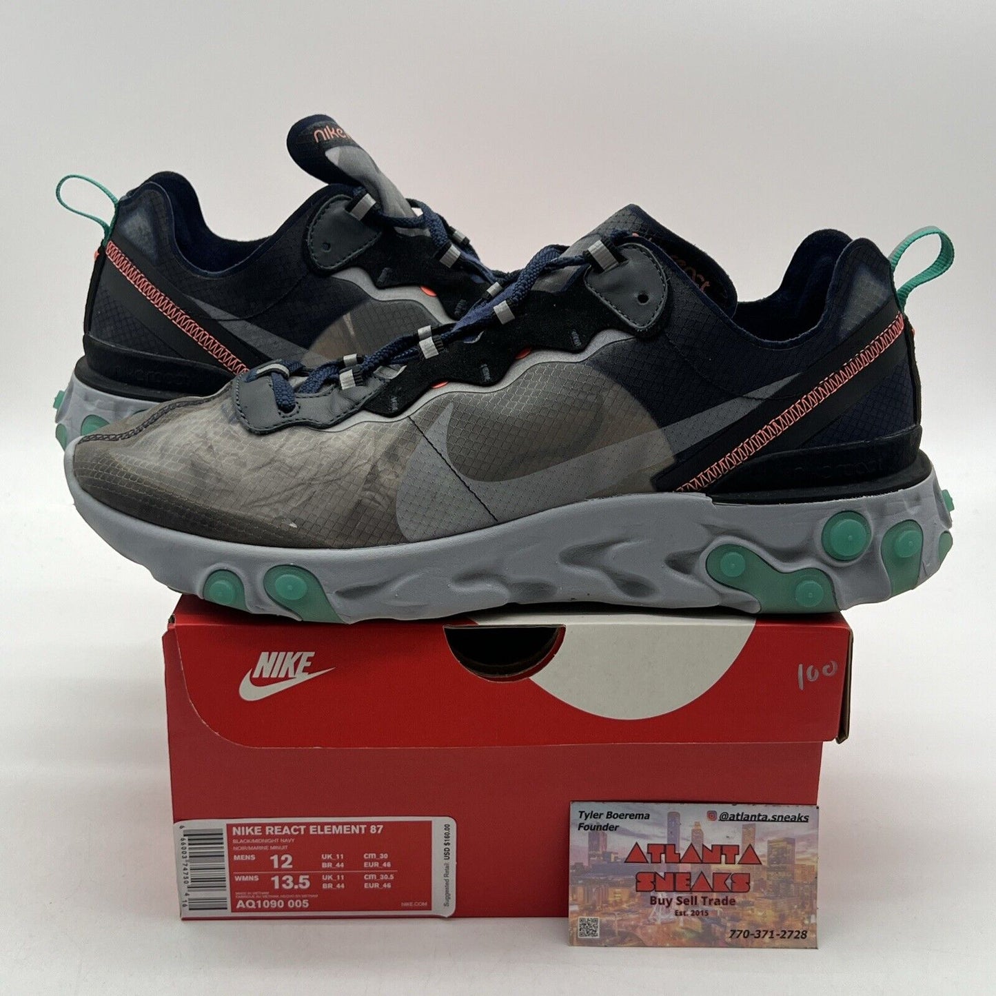 Size 12 - Nike React Element 87 Neptune Green 2018 Navy Grey (AQ1090-005)