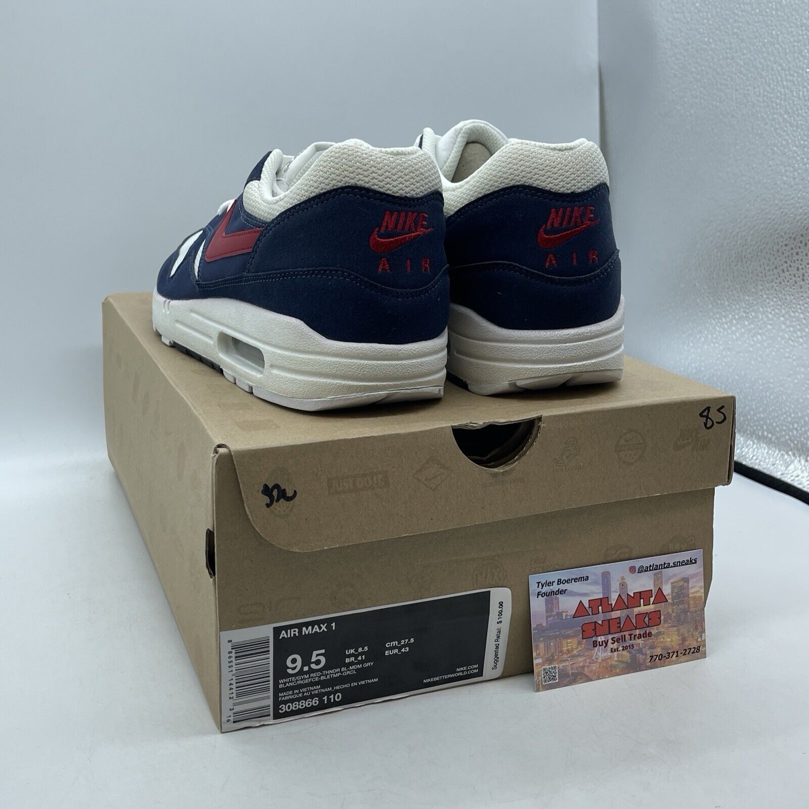Size 9.5 - Nike Air Max 1 Olympic Blue Red White Suede Leather (308866-110)