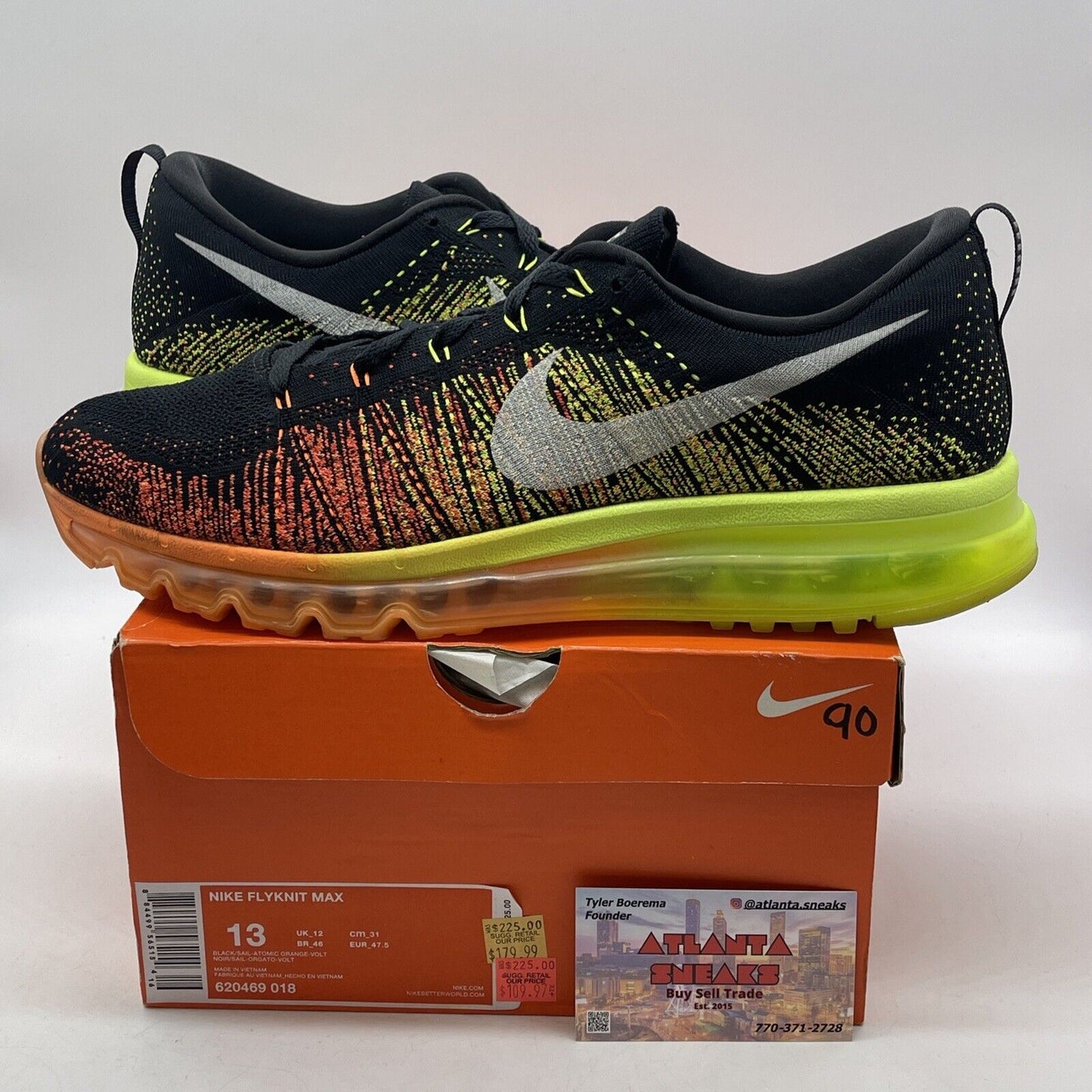 Size 13 - Nike Flyknit Max Black Orange White Neon Yellow Suede (620469-018)
