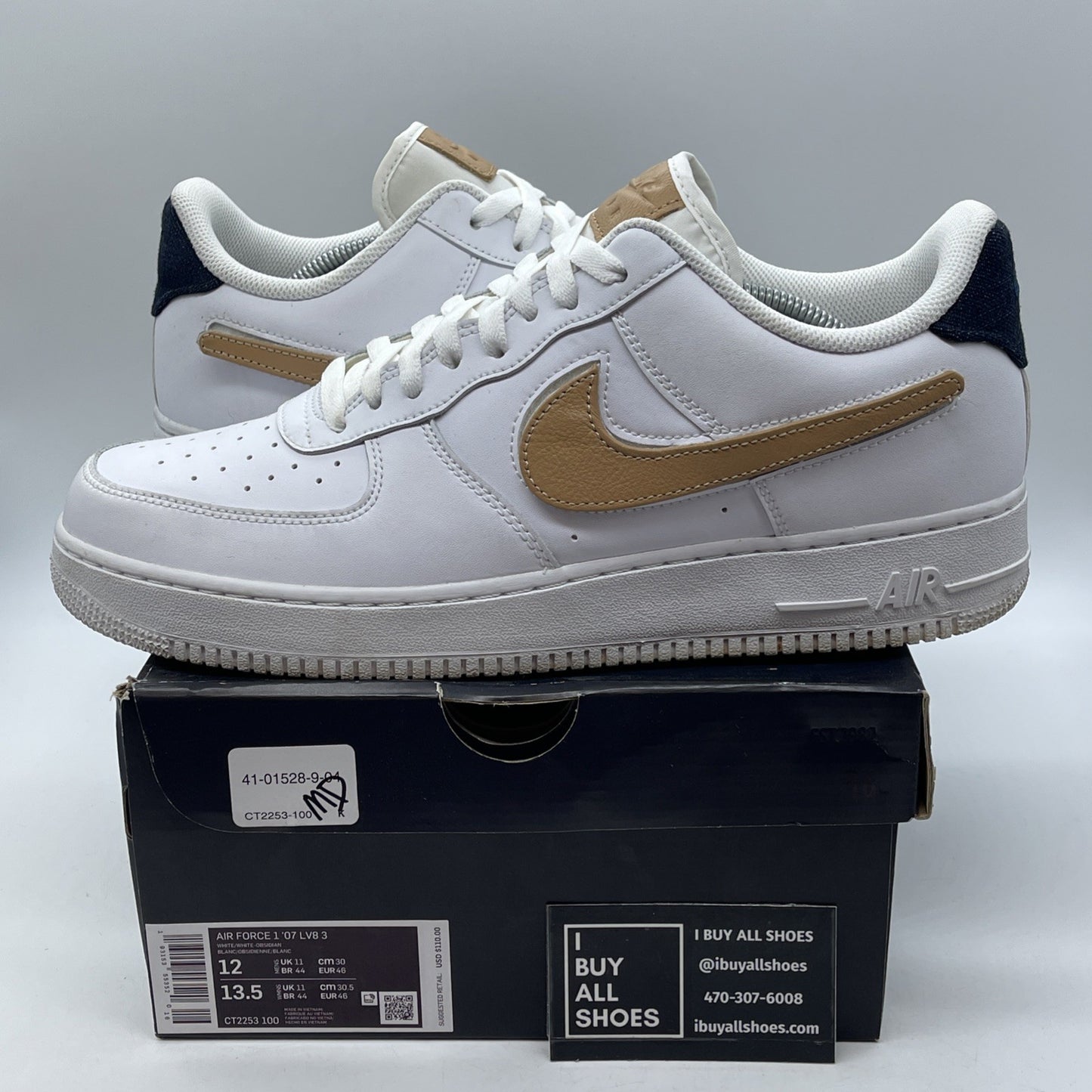 Size 12 - Nike Air Force 1 '07 LV8 Low Removable Swoosh White Vachetta Tan