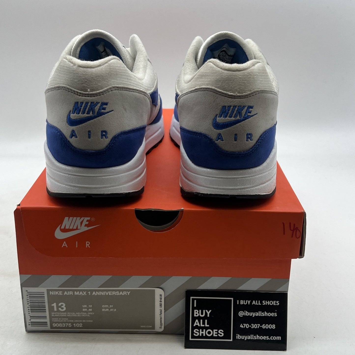 Size 13 - Nike Air Max 1 OG Anniversary 2017 Re-Release Royal (908375-102)