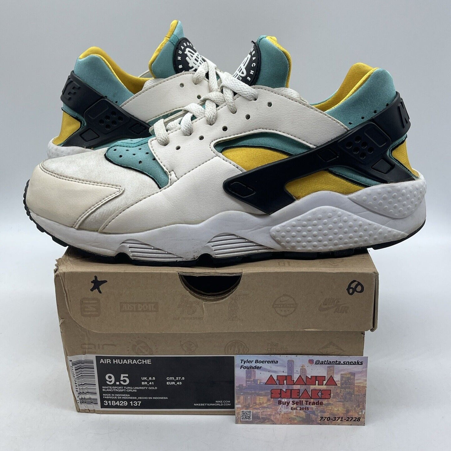 Size 9.5 - Nike Air Huarache White Turquoise Gold Black Suede (318429-137)