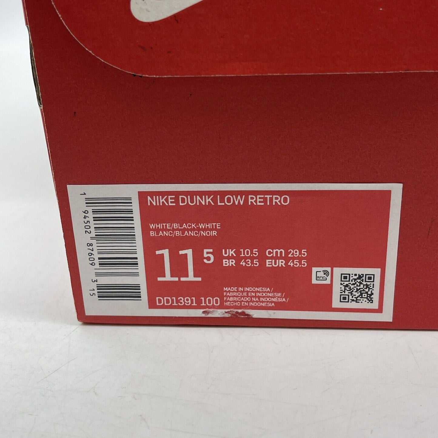 Size 11.5 - Nike Dunk Low Black White Leather (DD1391-100)