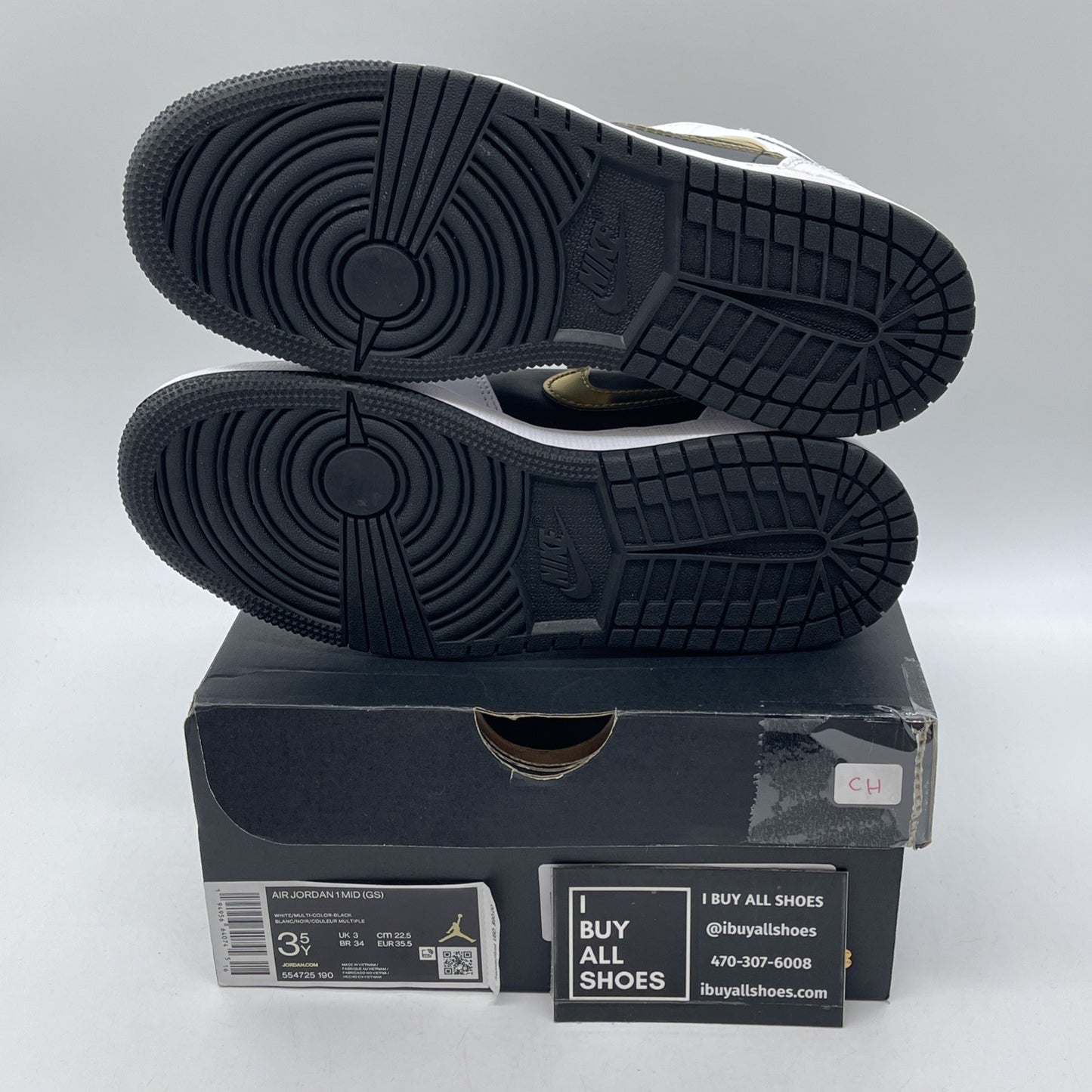 Size 3.5Y - Nike Air Jordan 1 Mid White Gold Black Leather (GS) (554725-190)