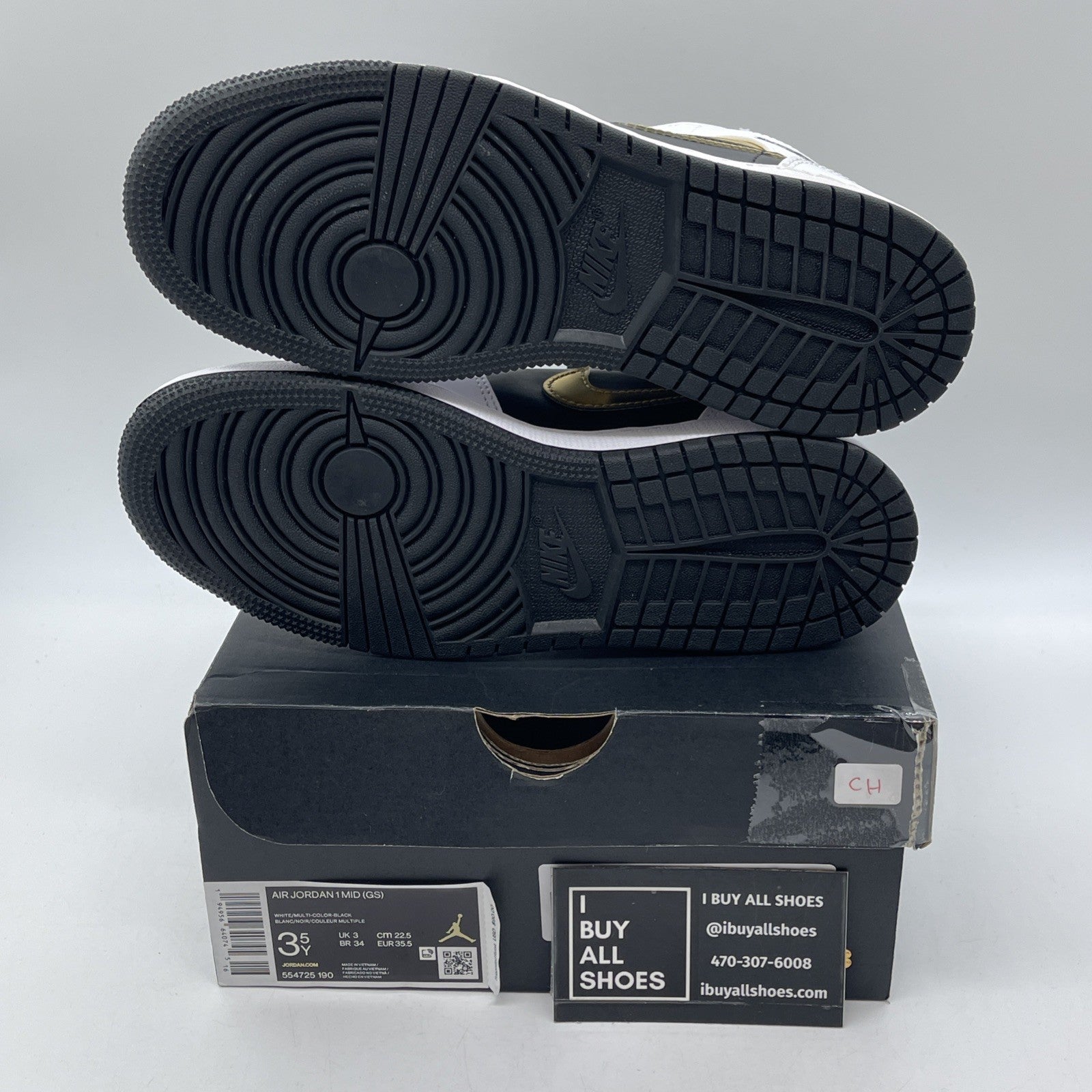 Size 3.5Y - Nike Air Jordan 1 Mid White Gold Black Leather (GS) (554725-190)