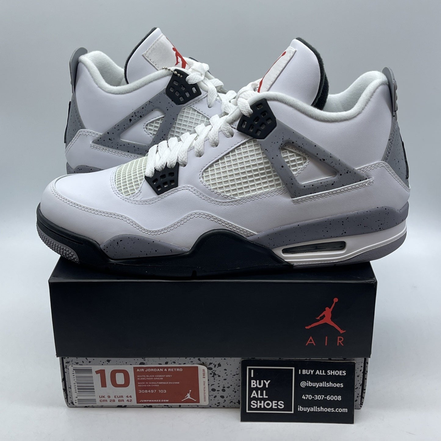 Size 10 - Jordan 4 Retro Cement 2012 Black White Leather (308497-103)