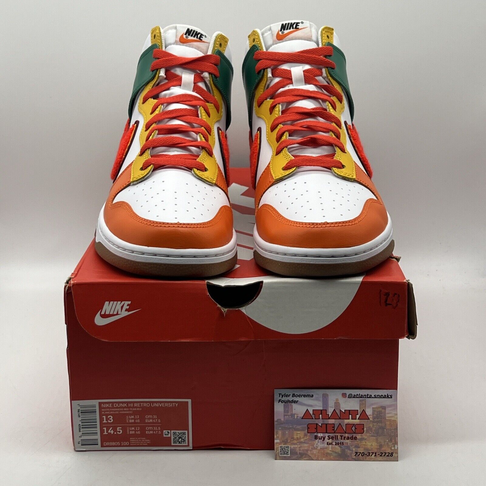 Size 13 - Nike Dunk High Chenille Swoosh White Green Orange Yellow Leather Gum