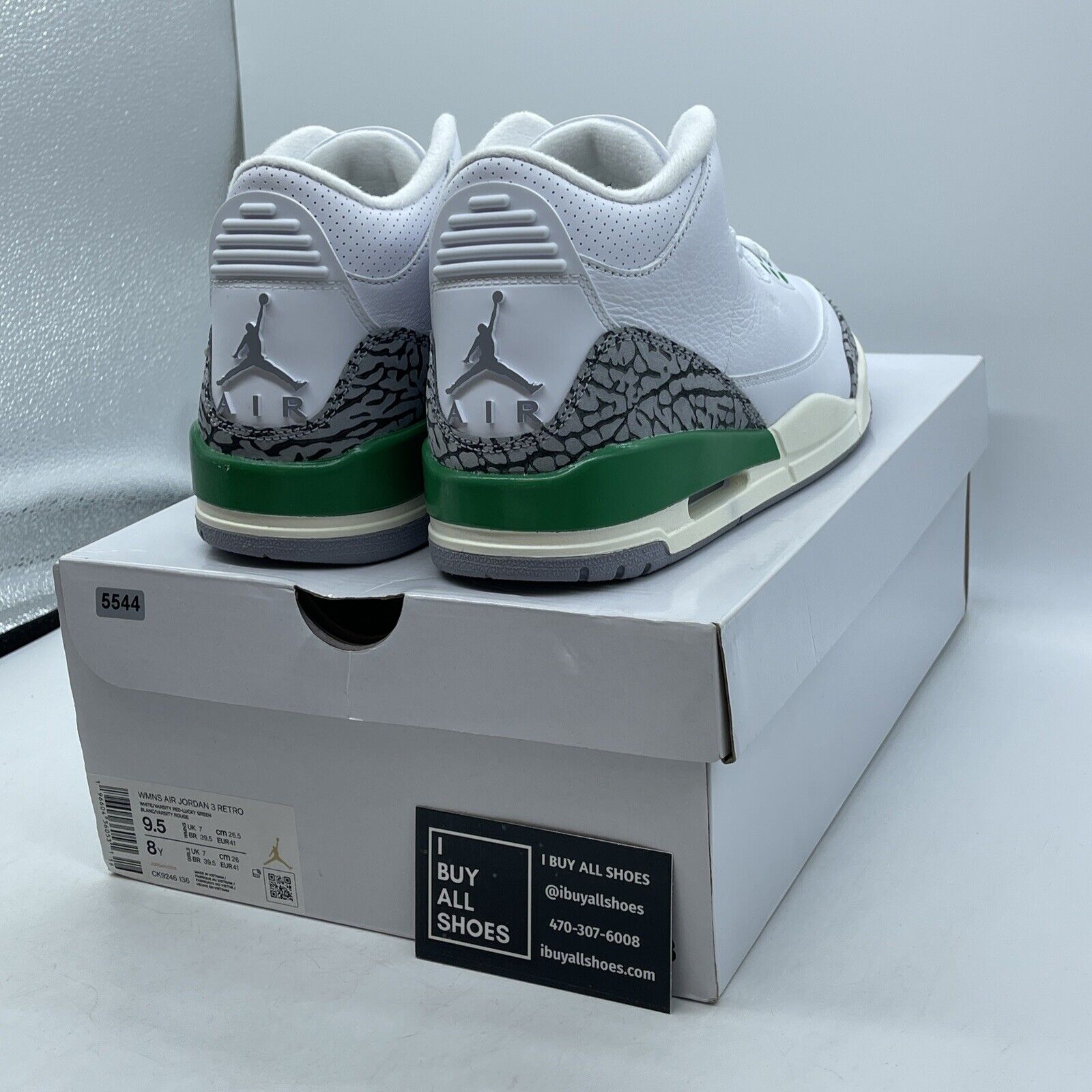 Size 9.5W - Air Jordan 3 Retro Lucky Green White Grey Leather Suede (CK9246-136)