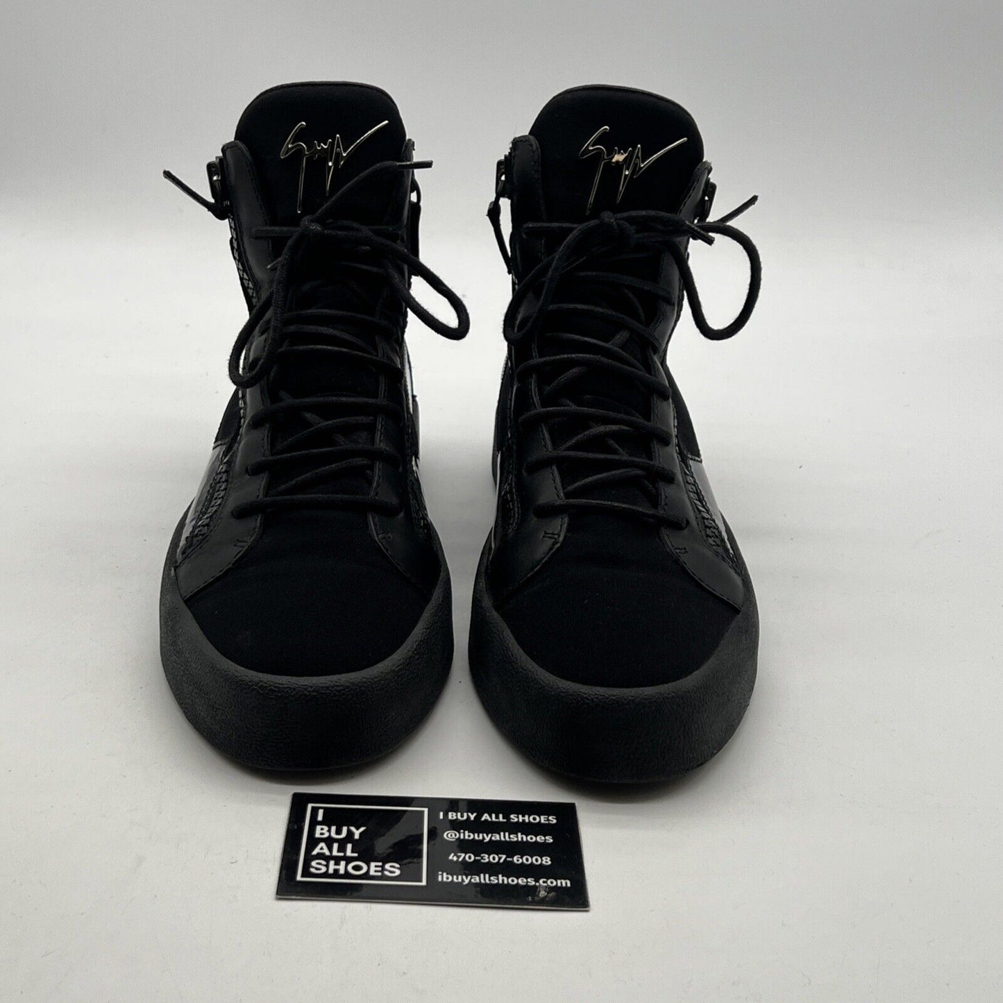Size 10 - Giuseppe Zanotti Metal Signature Logo Black Leather High Top Sneaker