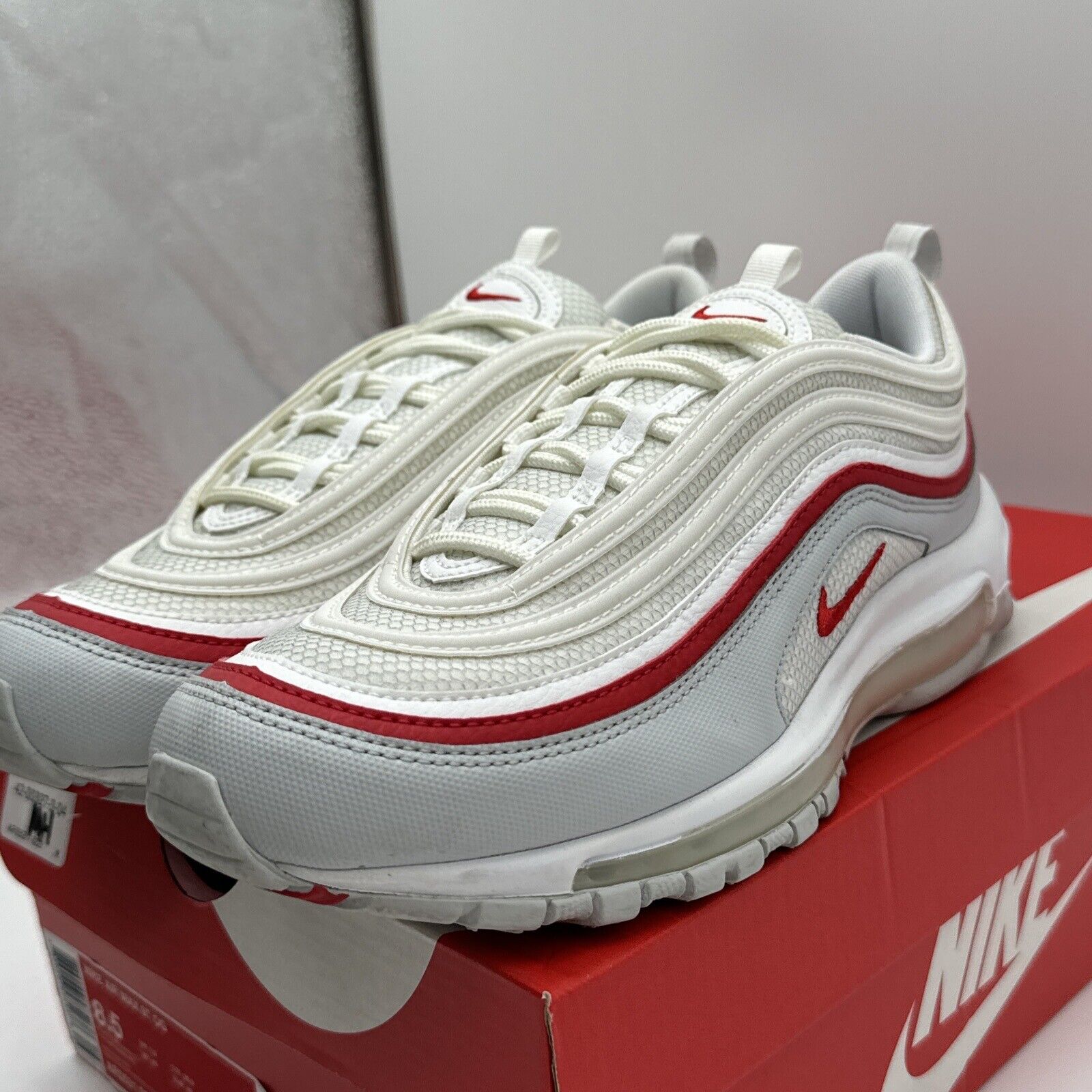 Nike Airmax 97 Mens Size 8.5 Red 2018 AR5531-002 Pure Platinum White Netting OG