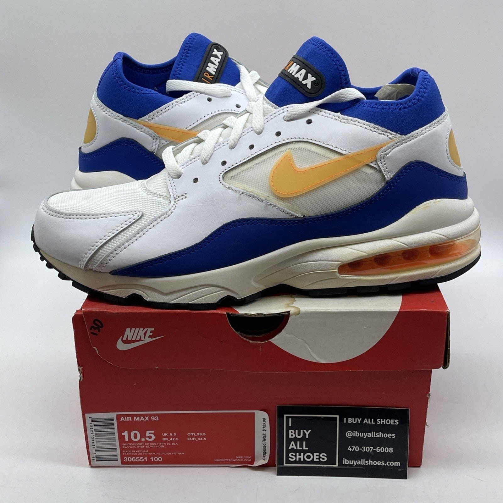 Size 10.5 - Nike Air Max 93 Bright Citrus White Blue Leather (306551-100)