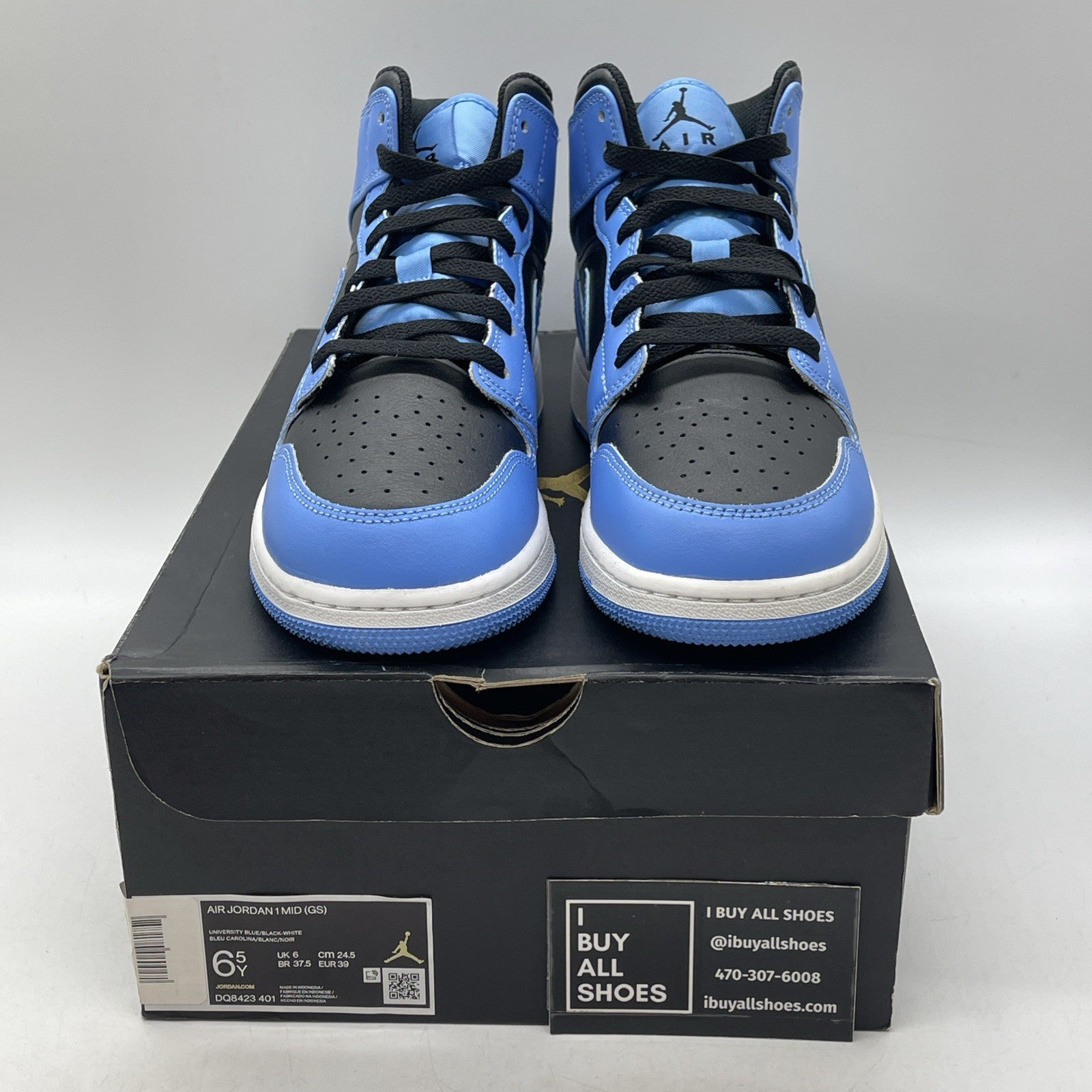 Size 6.5Y (GS) - Air Jordan 1 Mid University Blue Black Leather (DQ8423-401)