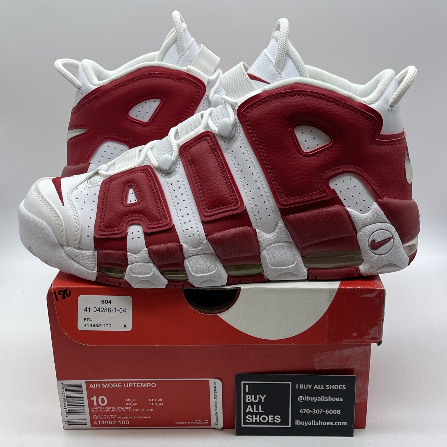Size 10 - Nike Air More Uptempo White Red Leather Suede (414962-100)