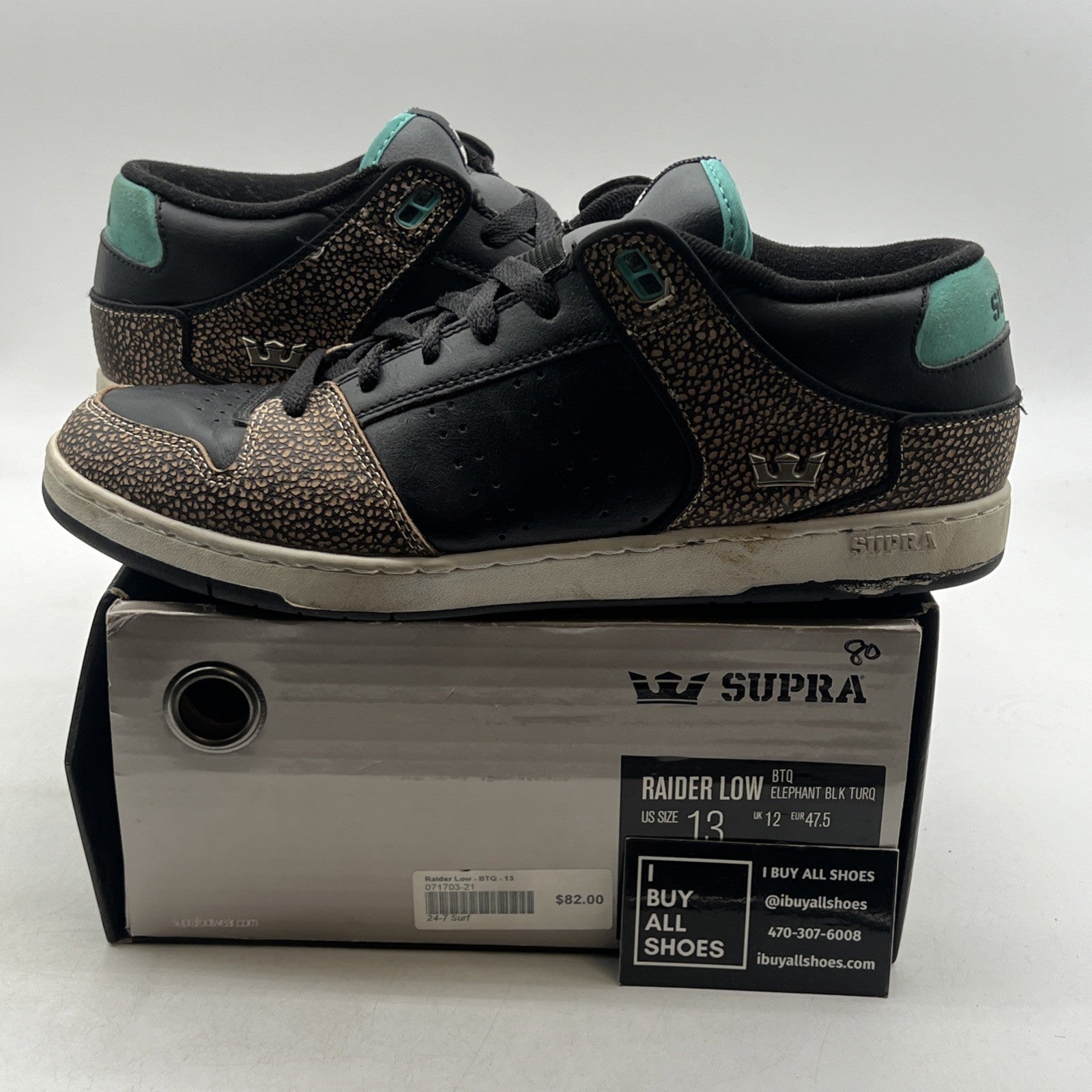 Size 13 - Supra Raider Low Pro Elephant Black Turq