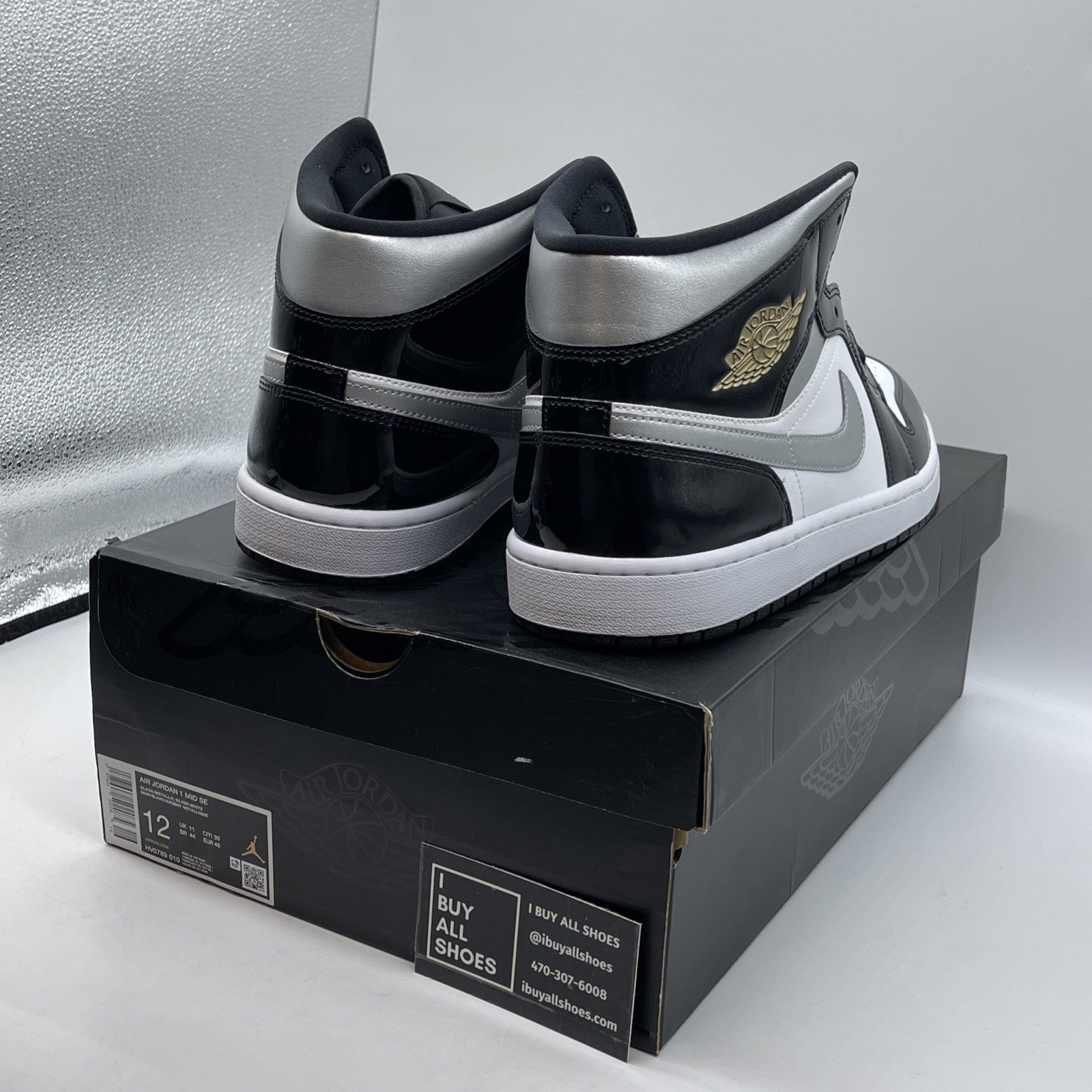 Size 12 - Air Jordan 1 SE Mid Black White Metallic Silver Leather (HV0789-010)