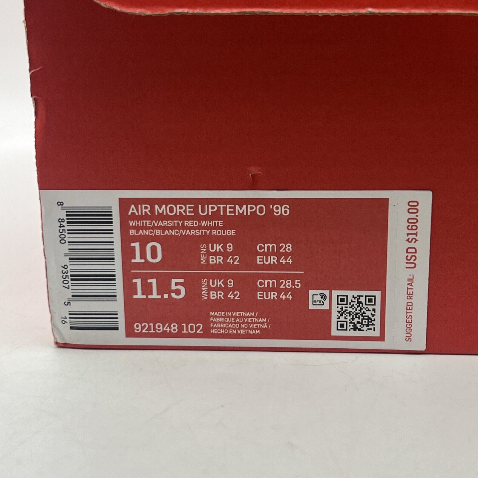 Size 10 - Nike Air More Uptempo White Varsity Red 2018 Leather (921948-102)