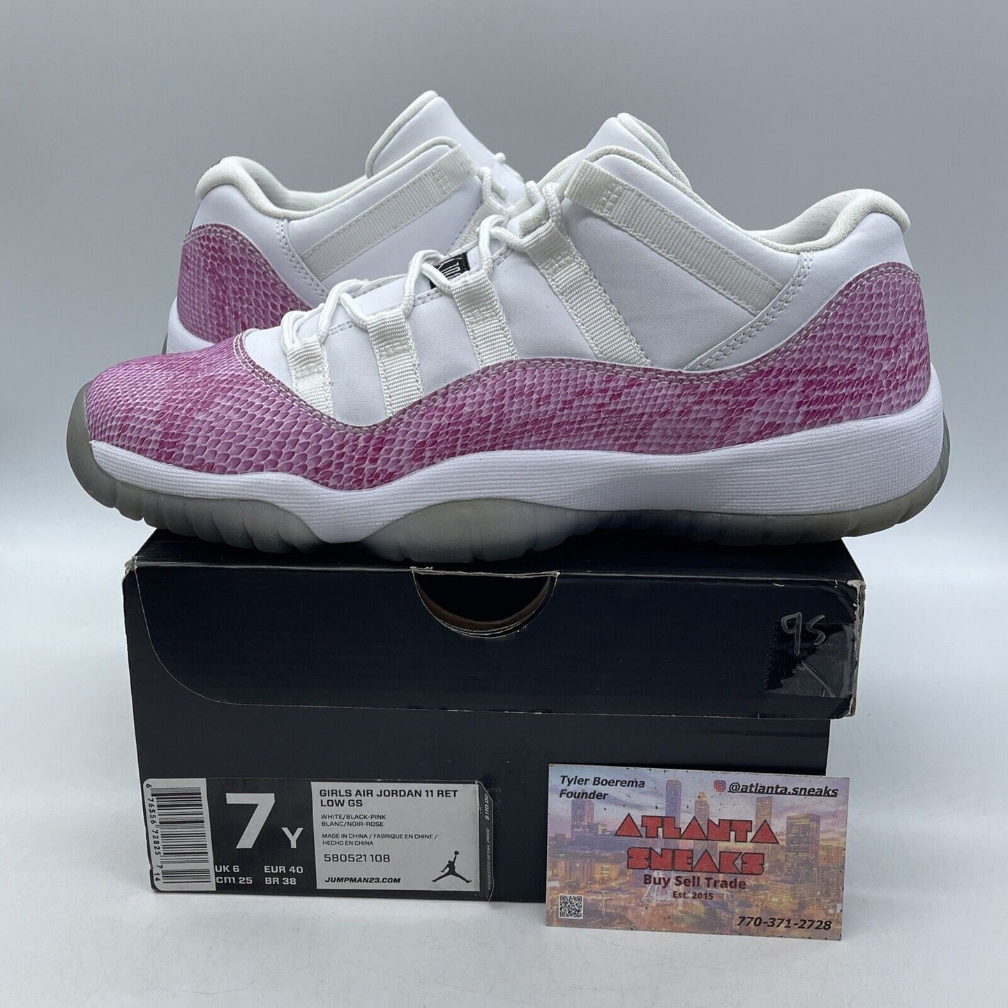 Size 7Y -  Air Jordan 11 Low Pink Snakeskin Pink White Leather (580521-108)