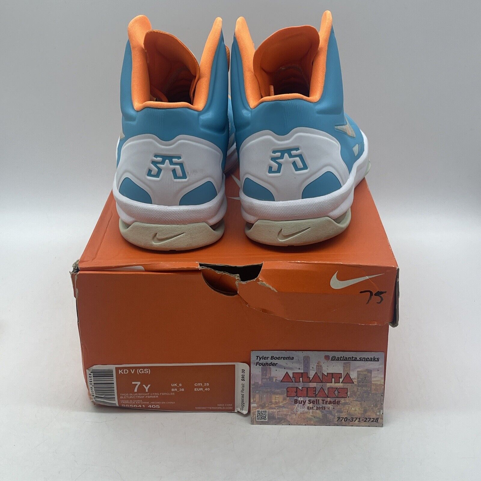 Size 7Y- Nike KD 5 Easter Blue Orange White Leather Suede (554988-402)