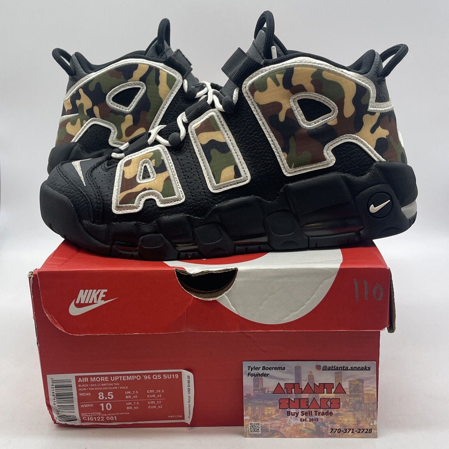 Size 8.5 - Nike Air More Uptempo QS Camo Black White Green Brown (CJ6122-001)