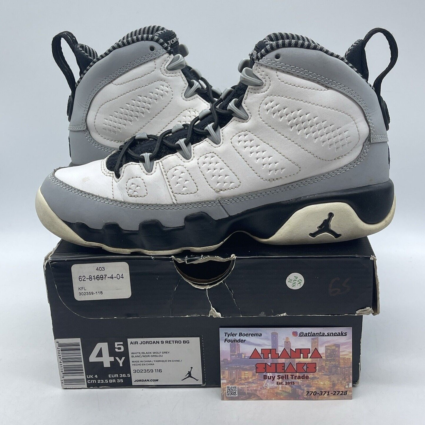 Size 4.5Y - Nike Air Jordan Retro 9 Baron White Leather Grey Suede (302359-116)