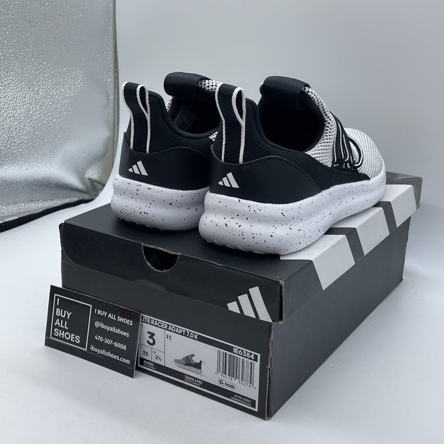 Size 3Y - adidas Lite Racer Adapt 7.0 Cloud White Core Black Leather (IE6384)
